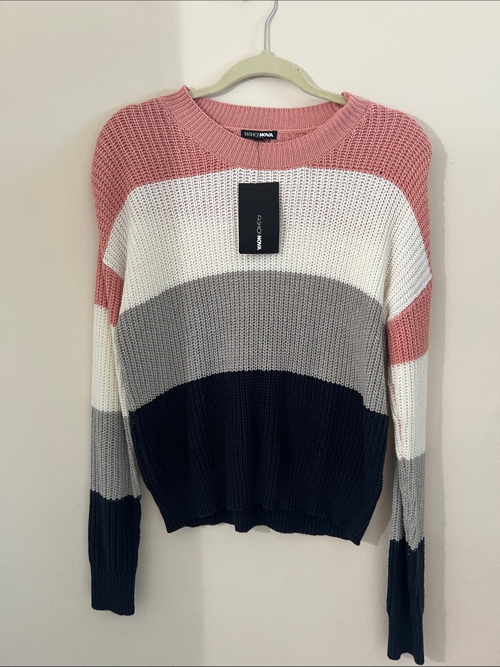 Fashion Nova Rose, White, Gray & Navy Colorblock Crewneck Sweater